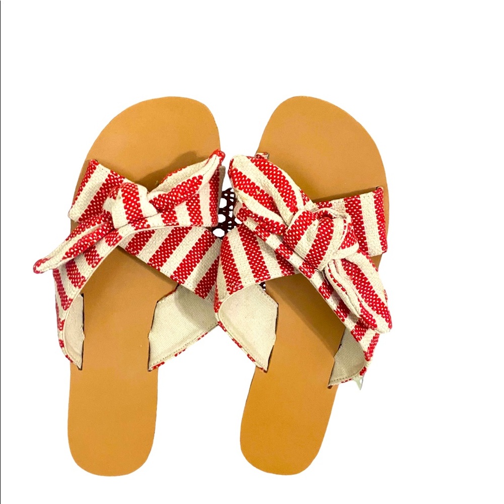 Red and white stripe slip on sandals